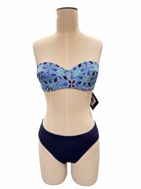 ECHO New York 2-Piece Blue Print Bandeau Top and Side Shirred Navy Bikini Bottom
